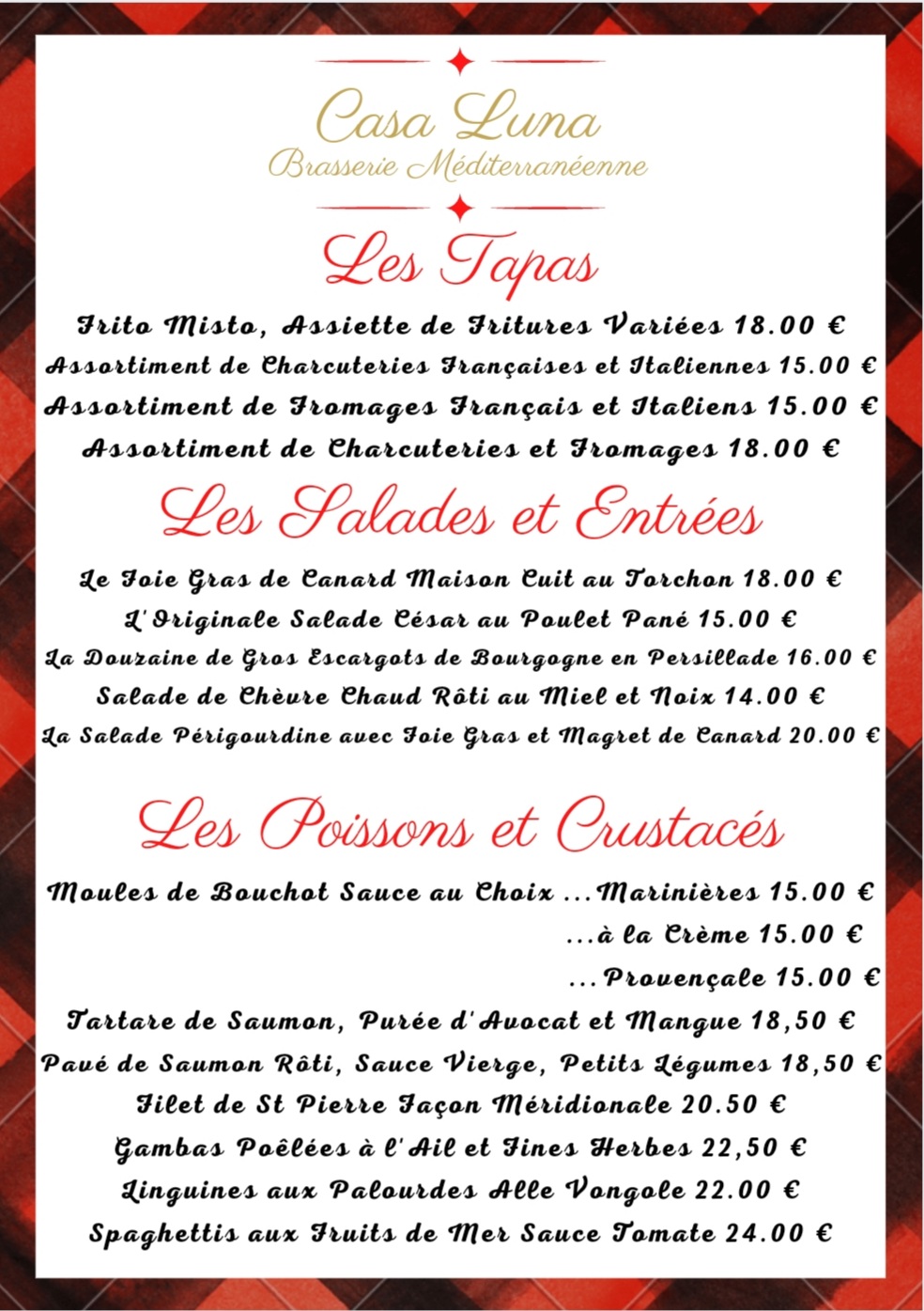 La Carte - Casa Luna - Restaurant Saint Laurent du Var